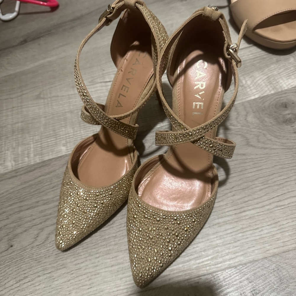 Carvela Gold Crystal-Embellished Pointed-Toe Ankle-Strap Heels